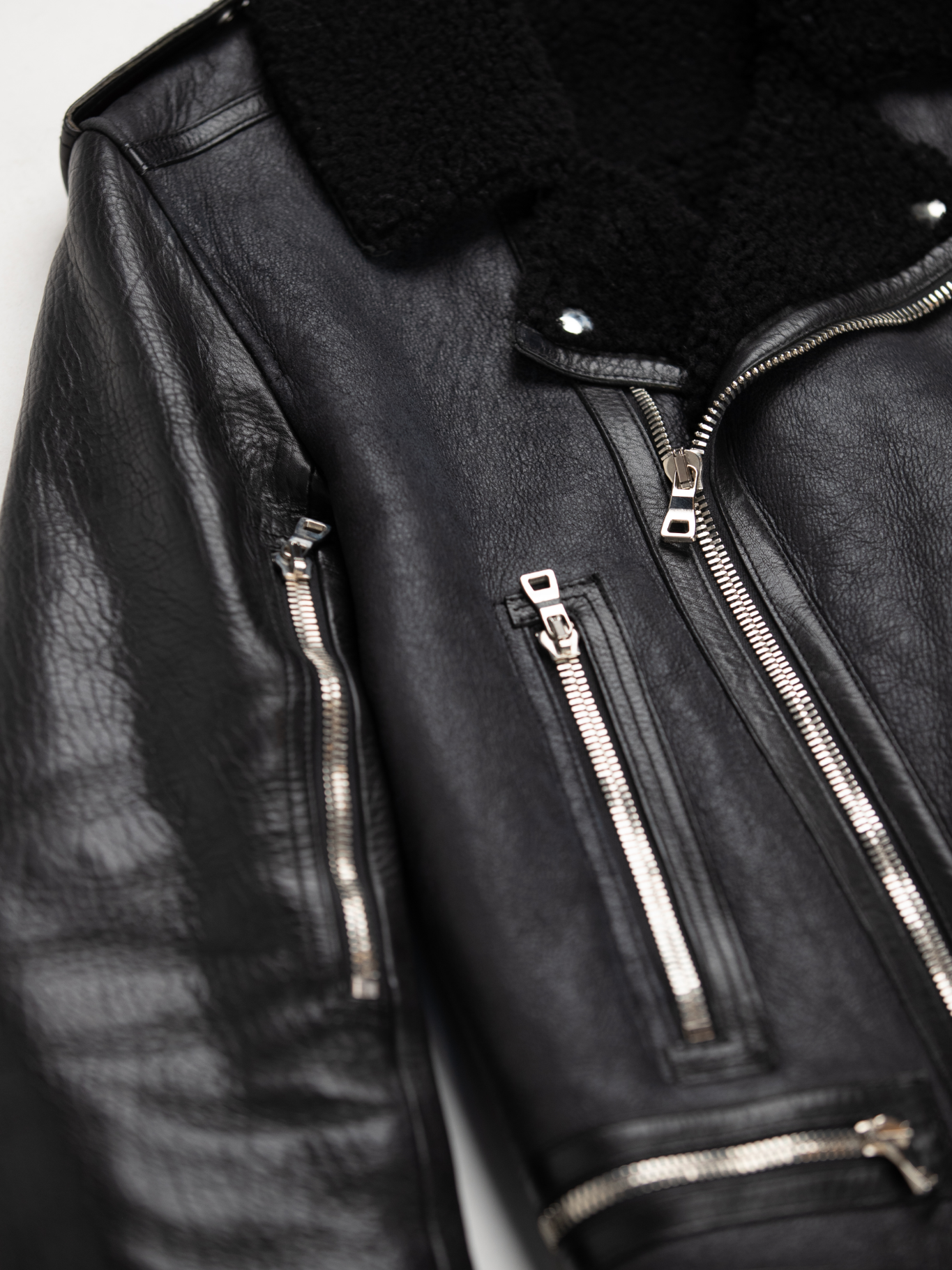 Black Shearling Leather Biker Jacket
